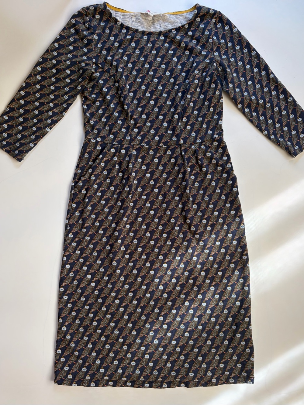 Boden Cotton Owl Print Dress 3/4 Sleeve Knee Length Pockets Size 6 Long